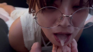 Slut with glasses doing a oral sex while making erotic sounds and getting a lot of jizz