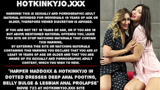 Harper Maddoxx & Hotkinkyjo in dotted dresses deep anal footing, belly bulge & lezbo anal prolapse