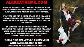 Nasty Niky Halloween schoolgirl with baseball bat in butt
