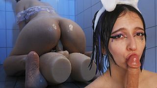 Wet and Messy Skank With Giant Bum Ride Meat And Lick Dildo In A Shower - CyberlyCrush