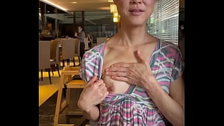 Huge clit horny MD Flashed saggy boobs and labia at breakfast restaurant in the Hotel.